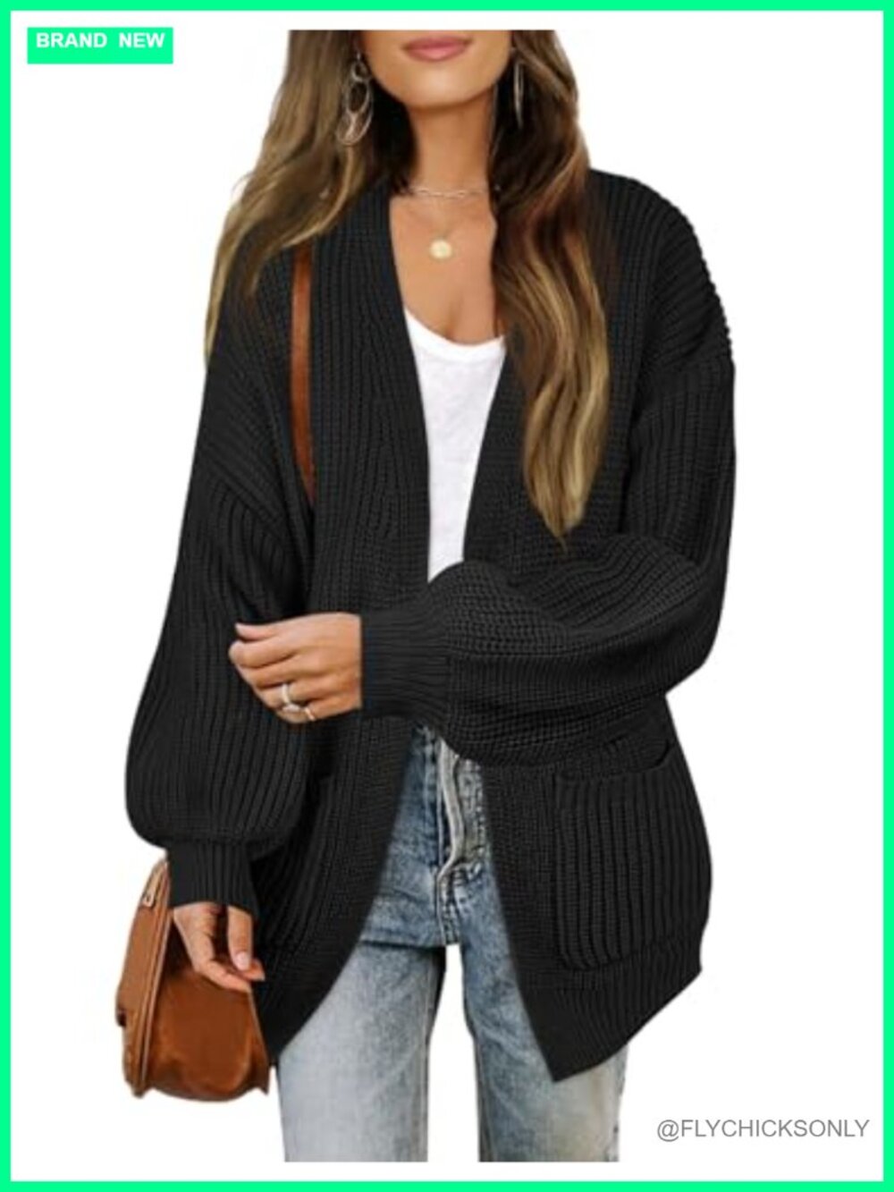 Oversized Lantern Sleeve Open Front Cardigan Sweater